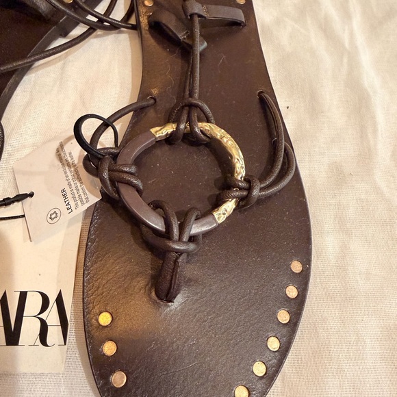 Zara Dark Brown Leather Sandals with Gold Accents - Picture 2 of 4
